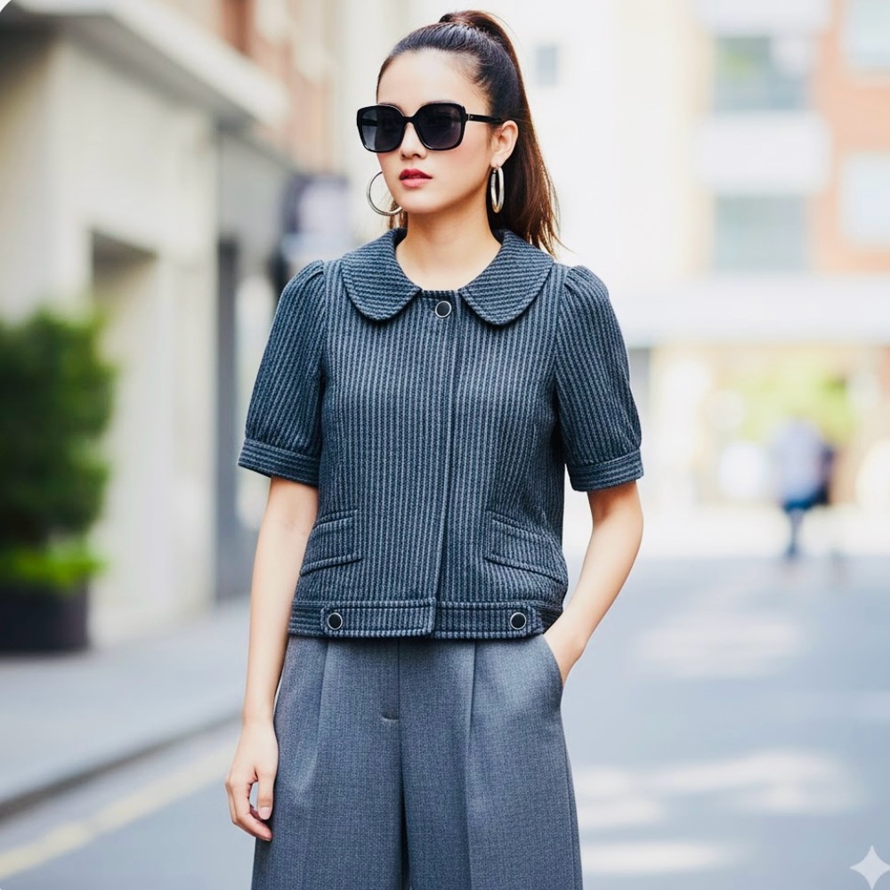Navy Blue and Gray Striped Women's Jacket